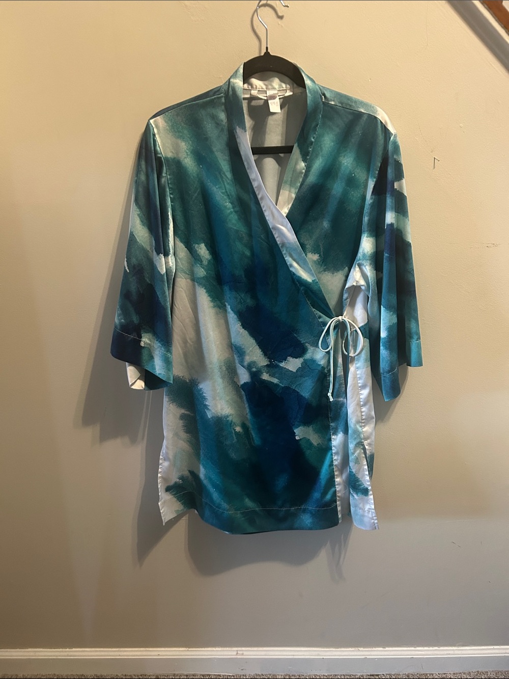 stars above Teal & White Watercolor Satin Wrap Robe
